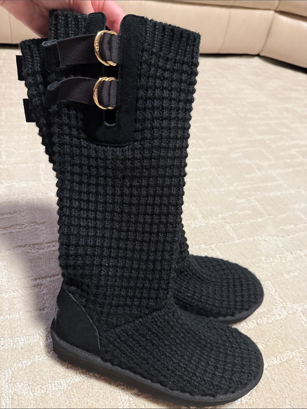 UGG Black Knit Mid-Calf Boots with Gold Buckle Rings